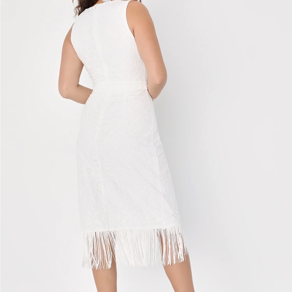 Lulus Always Ravishing White Cotton Eyelet Fringe Tulip Midi Dress - Picture 3 of 9